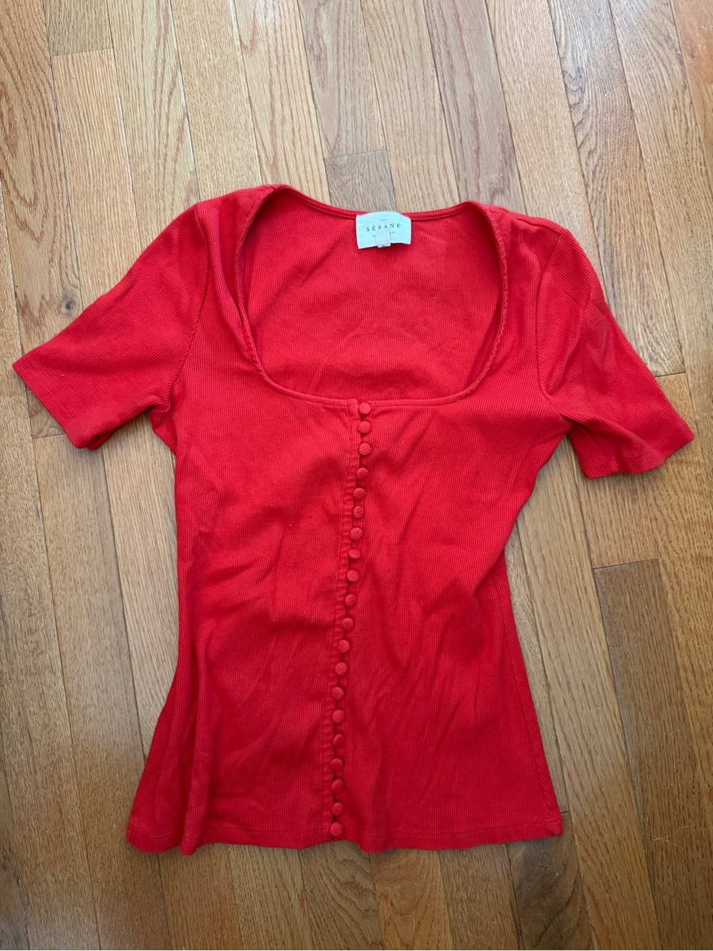 Sezane - Red Grant t-shirt - square neck Button-Front ribbed Knit Top